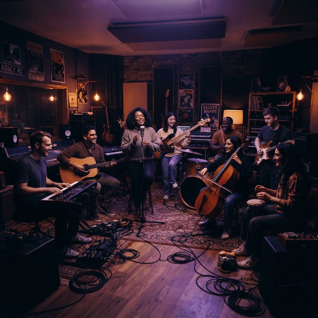 Musicians collaborating in a studio